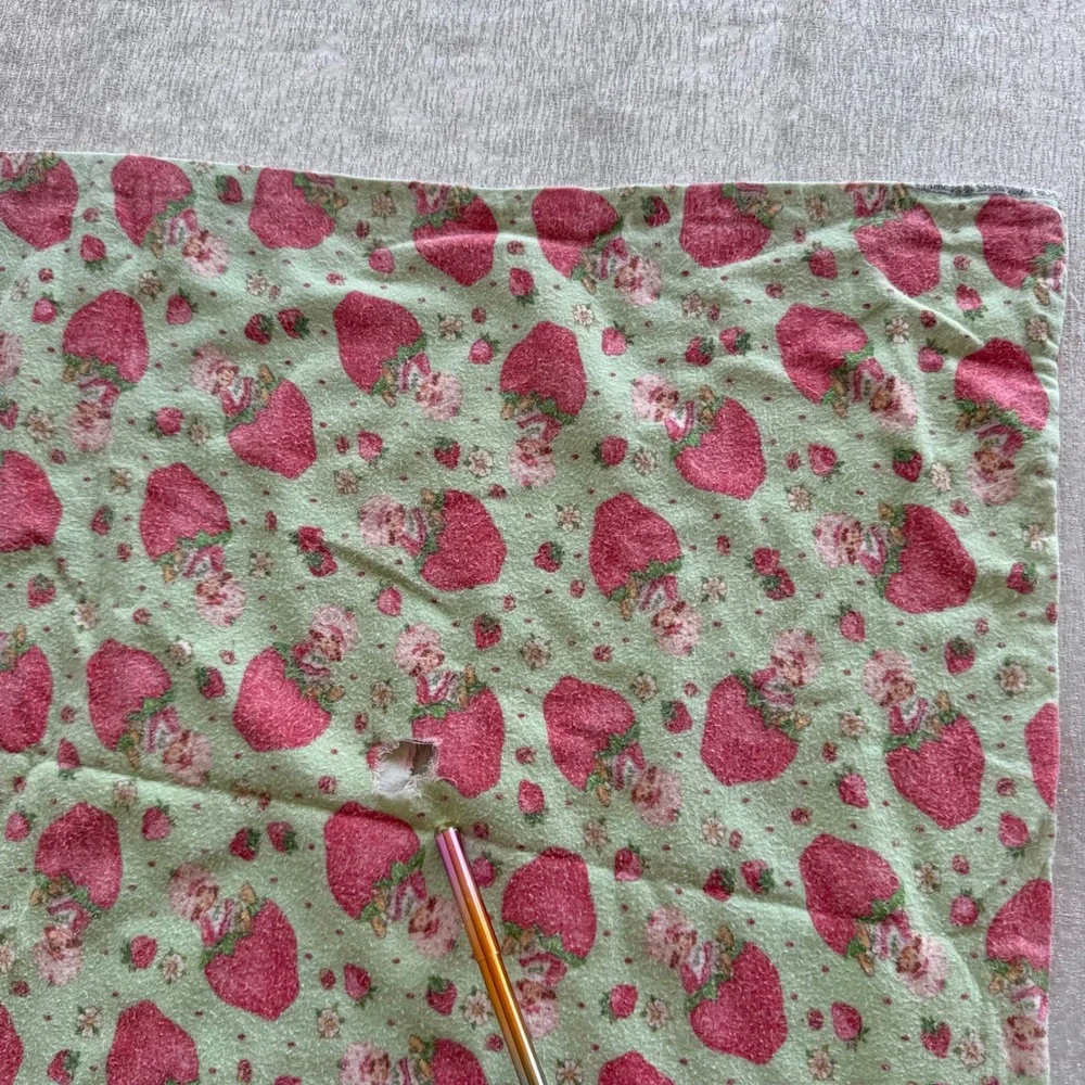 Vintage 2003 Strawberry Shortcake Green Flannel Blanket 43x32 Double Layer